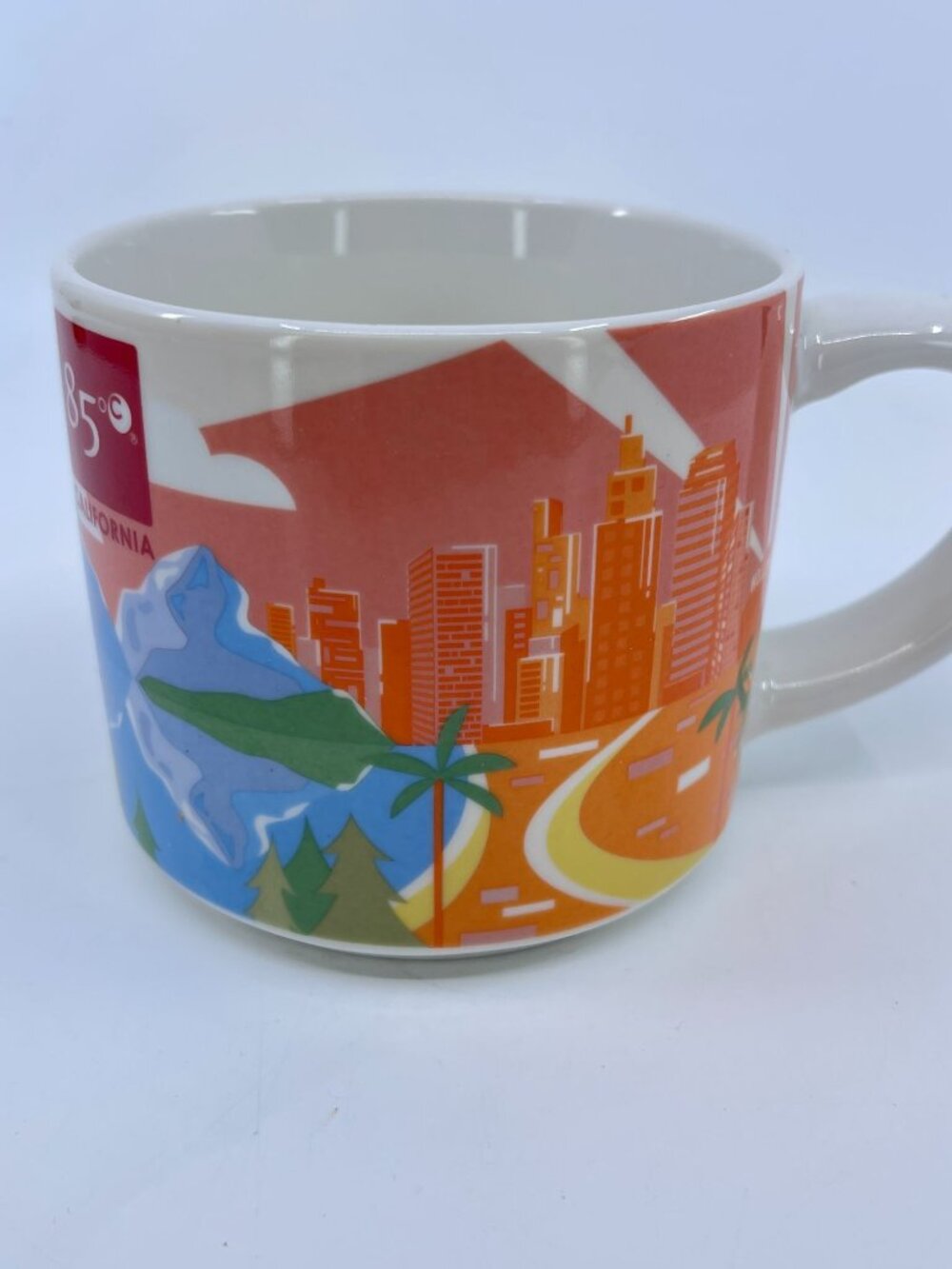 vintage 85°c california souvenir ceramic mug with colorful california landmarks